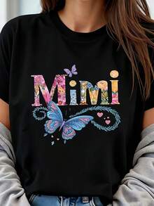 Camiseta de Talla Grande para Mujer MIMI Lettering, 1 Pieza, Camiseta Gráfica Oversize de Manga Corta 220g, Novedosa, 100% Poliéster, Cuello Redondo Casual - Negro - Ver 1