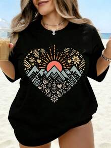 Women's Graphic T-Shirt "Sunset On Heart Mountain" Summer Beach Casual Oversized White Nature Inspired Design Ideal For Holidays, Travel, Activities - 黑色 - 查看 1