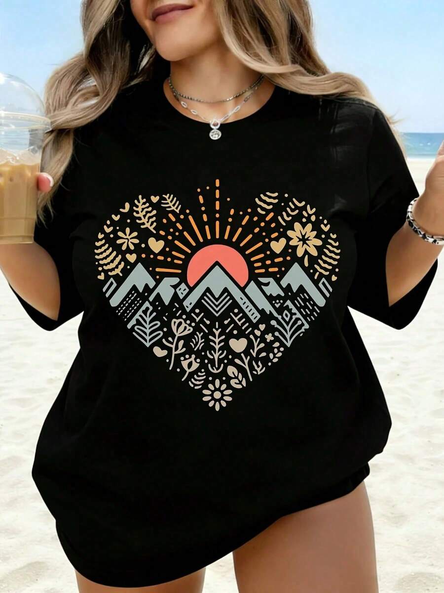 Women's Graphic T-Shirt "Sunset On Heart Mountain" Summer Beach Casual Oversized White Nature Inspired Design Ideal For Holidays, Travel, Activities - 黑色 - 查看 1