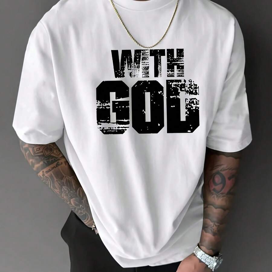 Camiseta regular con estampado de letras para hombre, camiseta informal holgada de verano con cuello redondo y manga corta, adecuada para - Multicolor - Ver 1