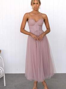 Women's Elegant European-Style Sheer Mesh Dress With Straps, Perfect For Dinner Parties, A New Fashion , And A Stylish, Feminine Casual Dress. - 粉色 - 查看 5