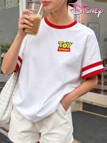 Disney Women's Pure Cotton White And Red Striped T-Shirt, With A Playful Cartoon Style And Toy Story Character Prints, Featuring An American Retro Style. - White - View 2