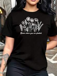 Bloom Where You Are Planted - Camiseta de talla grande para mujer, 1 pieza, divertida, con estampado gráfico, manga corta, novedosa, 100% algodón, informal, cuello redondo, 220 g - Negro - Ver 1
