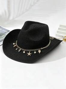 1pc Unisex Fashionable Straw Hat, Suitable For Outdoor Beach Sun Protection, Spring/Summer British Cowboy Hat, Wide Brim Design, Decorated With Starfish, Foldable Pancho Hat, Suitable For Daily Use Outdoor Gift. - Gold Chain Beach Straw Hat - View 5