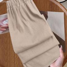 Yunuo Menswear  Petite Pantalones rectos casuales de talla grande para mujer con bolsillos contrastantes - Naranja - Ver 3