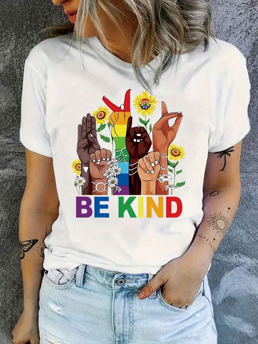 Camiseta Casual de Cuello Redondo para Mujer con Estampado de Dedos y Letras, Tejido de Punto de Poliéster, Ligeramente Elástica, Corte Regular, Manga Corta para Todas las Temporadas - 95% P - negro - Ver 1