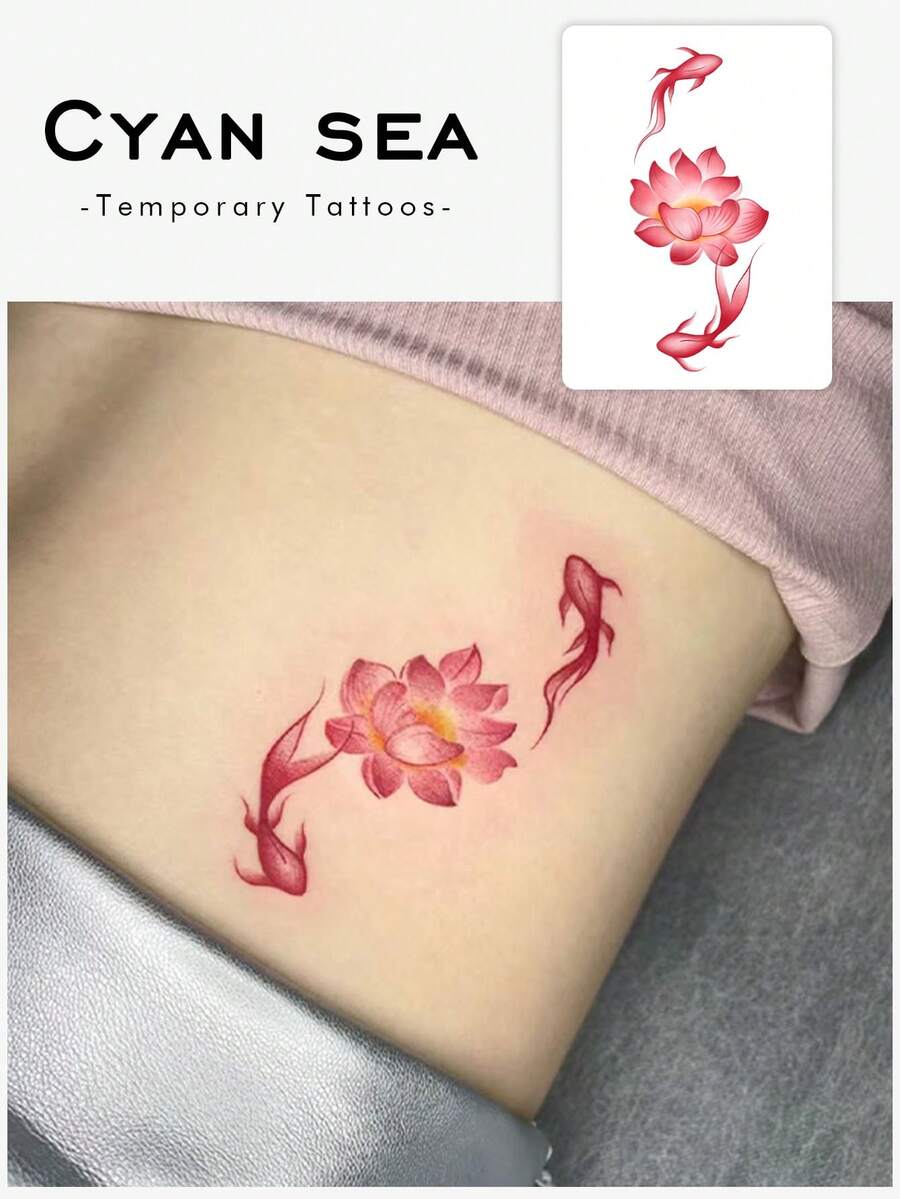 1片傳統中式淡紅色蓮花金翅雀圖案紋身貼紙,臨時紋身貼紙,逼真紋身設計,適合旅行、音樂節、遊戲、畢業禮物,可維持3-5天 - 彩色 - 查看 1