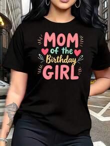 Women's Plus Size T-Shirt With "Mother Of The Birthday Celebrant" Print, 1 Piece, Fun, Graphic, Short Sleeve, Novelty, 100% Cotton, Casual Crew Neck, 220g - 黑色 - 查看 1