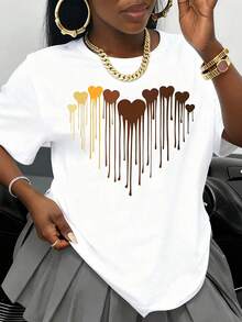 Women's White T-Shirt With Colorful Heart Design, Fashionable Casual Top, Summer Clothing Option, Valentine's Day Gift Idea - 白色 - 查看 1