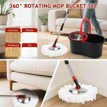 Spin Mop And Bucket Set, Mop Bucket For Office, Home, 360° Spin Mop Bucket System With 3 Microfiber Mop Replacement Heads And Stainless Steel Adjustable Handle For Floor Cleaning, Bucket Floor Cleaning System - 黑色升級 - 查看 8