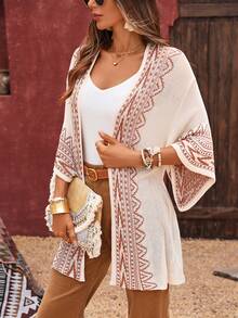 Plus Size Women's Geometric Pattern Loose Fit Vacation Cardigan - Apricot - View 6