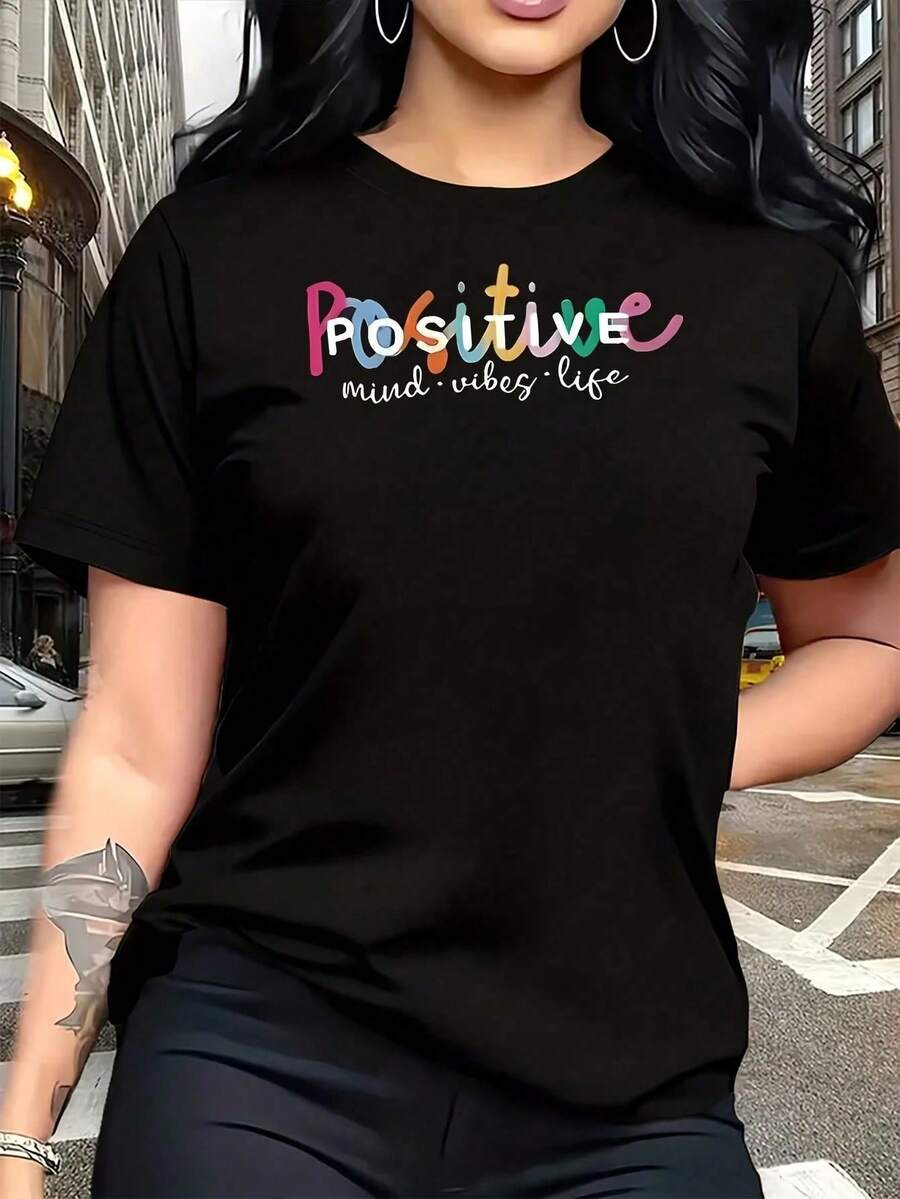 Camiseta de Mujer Talla Grande con Estampado de Letras Positivas, Divertida, de Manga Corta, 100% Algodón, Cuello Redondo, Estilo Casual, 220g - Negro - Ver 1