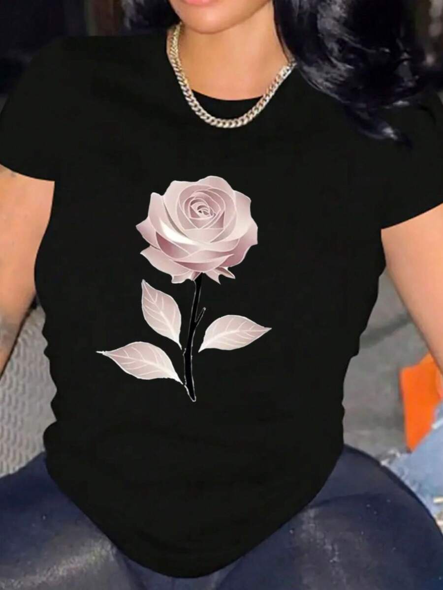 Women's Pink T-Shirt, Round Neck, Comfortable, Casual, Cotton Blend, Short Sleeve, Soft And Breathable, Women's Clothing, Summer And Spring T-Shirt, Urban Style. - 黑 - 查看 1