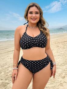 Swim Lushoire Traje de baño de lunares para mujer talla, parte superior de tankini de cintura alta que oculta el vientre, adecuado para figuras de 200 libras o talla, traje de - Negro - Ver 1