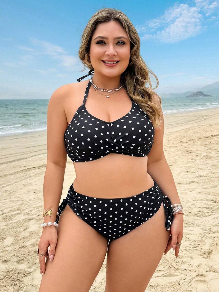 Swim Lushoire Traje de baño de lunares para mujer talla, parte superior de tankini de cintura alta que oculta el vientre, adecuado para figuras de 200 libras o talla, traje de - Negro - Ver 1