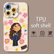 Chica de pelo castaño con temática de garabatos rosas y soleadosfunda de teléfono Fundas compatibles con ,Apple,VIVO,OPPO,,, y Honor.Fabricadas en silicona TPU,ofrecen protección contra golpes y caídas.correa para celular - Blanco - Ver 1