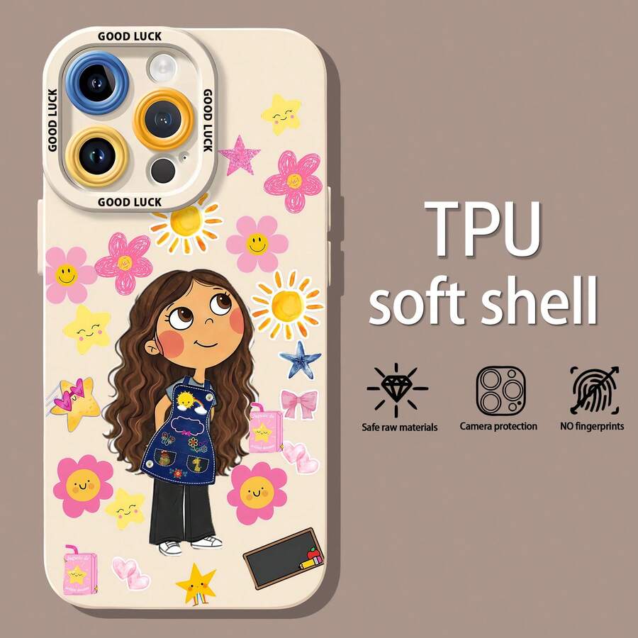 Chica de pelo castaño con temática de garabatos rosas y soleadosfunda de teléfono Fundas compatibles con ,Apple,VIVO,OPPO,,, y Honor.Fabricadas en silicona TPU,ofrecen protección contra golpes y caídas.correa para celular - Blanco - Ver 1