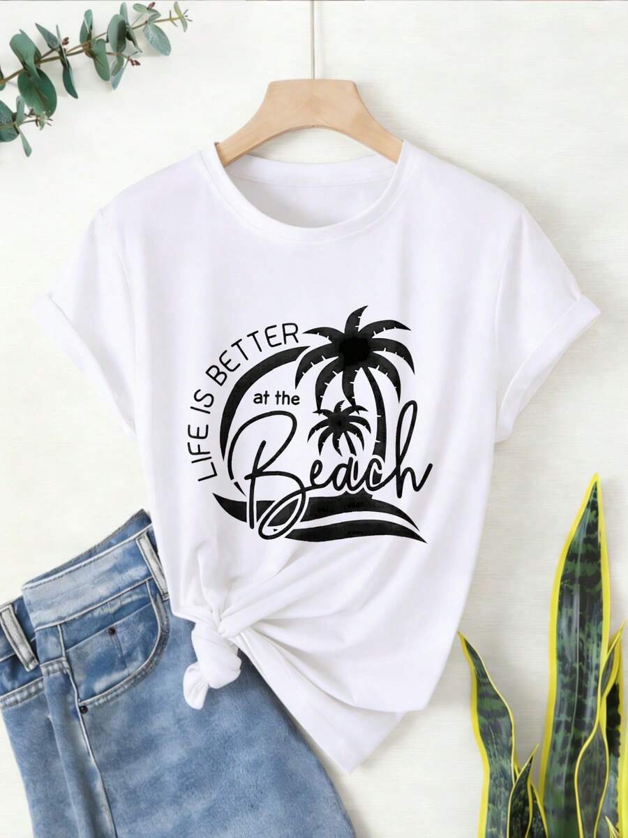 Camiseta de mujer con estampado colorido, tela suave, estilo moderno, mangas cortas, cuello redondo. Elegante y versátil, adecuado para el transporte diario y el uso casual en primavera y ve