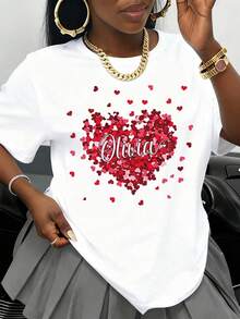 Women's T-Shirt With Heart Print And Personalized Name, Valentine's Day Gift, Olivia Love Custom Design, White Round Neck, Casual Women's Top, Fashion Piece. - 白色 - 查看 1