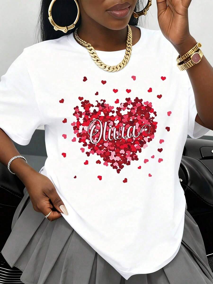 Women's T-Shirt With Heart Print And Personalized Name, Valentine's Day Gift, Olivia Love Custom Design, White Round Neck, Casual Women's Top, Fashion Piece. - 白色 - 查看 1