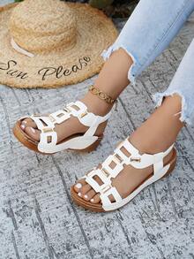 Plus Size Women's Fashion Comfortable Lace-Up Wedge Sandals - White - View 5