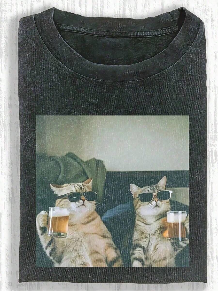 Men's And Women's 100% Cotton 1 Piece Of Funny Graphic T-Shirt With Cat Design, Men's Cotton T-Shirt, 230g, Washed Short Sleeve T-Shirt, Suitable For Halloween Gifts - 黑13 - 查看 1