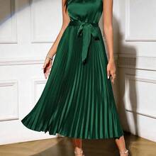 Clasi Vestido midi elegante de mujer de cuello redondo, sin mangas, plisado en el bajo, de unicolor - Verde - Ver 8