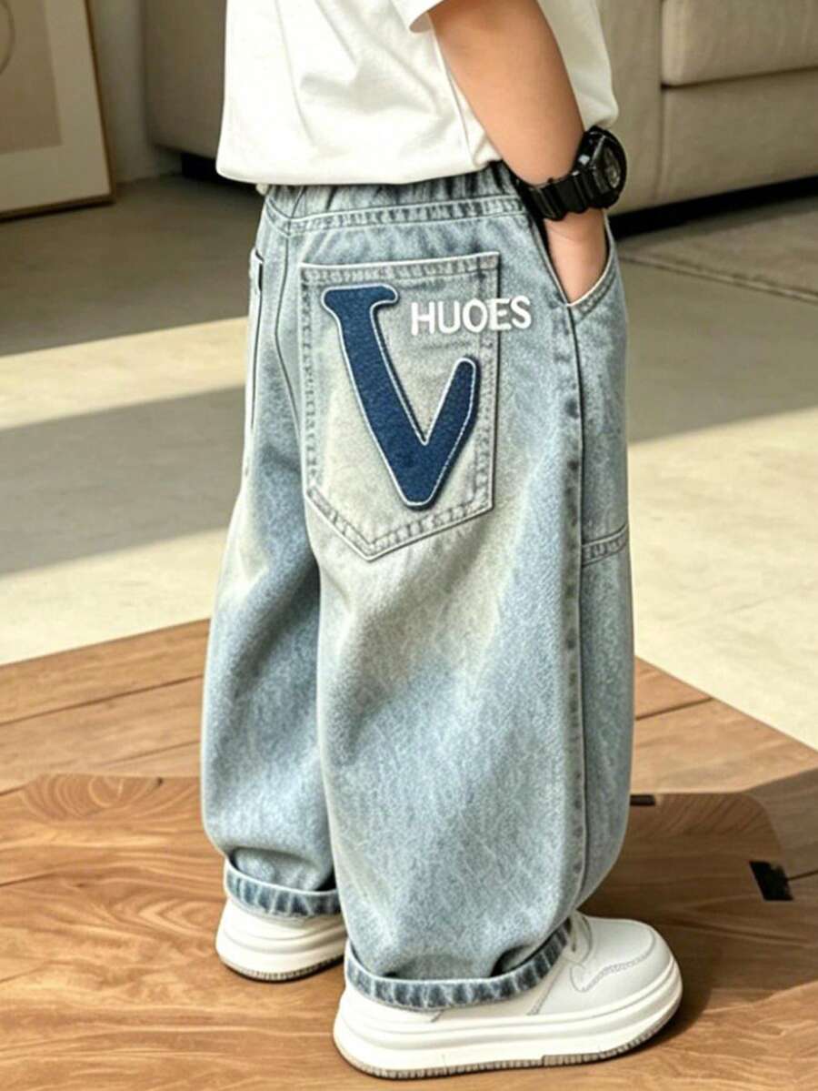 Young Boy Loose Comfortable Straight Leg Pocket Denim Pants Suitable For Daily School Wear - Baby Blue - View 1