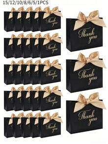 15/12/10/8/6/5/1pc, Size 4.5x1.8x3.9 Inches, Mini Thank You Gift Bags With Bow, Pink Pattern Paper Gift Bags, Suitable For Wedding, Valentine's Day Gift Packaging, Party, Birthday, Wedding, Bridal Shower Favors, Wedding Guest Gifts, Gift Boxes, Wedding Reception Decor (Black), Halloween Decor, Halloween Party Supplies - Black - View 2