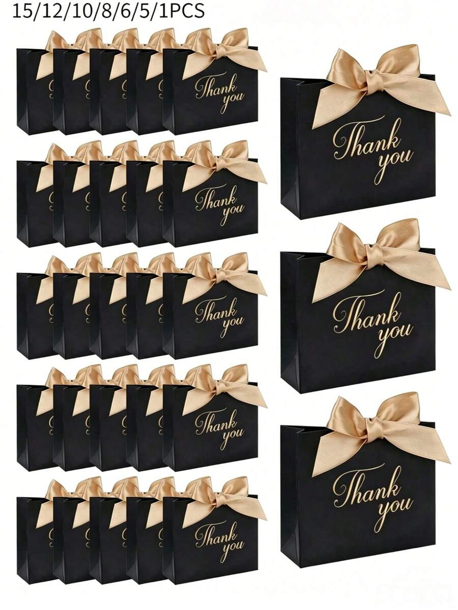 15/12/10/8/6/5/1pc, Size 4.5x1.8x3.9 Inches, Mini Thank You Gift Bags With Bow, Pink Pattern Paper Gift Bags, Suitable For Wedding, Valentine's Day Gift Packaging, Party, Birthday, Wedding, Bridal Shower Favors, Wedding Guest Gifts, Gift Boxes, Wedding Reception Decor (Black), Halloween Decor, Halloween Party Supplies