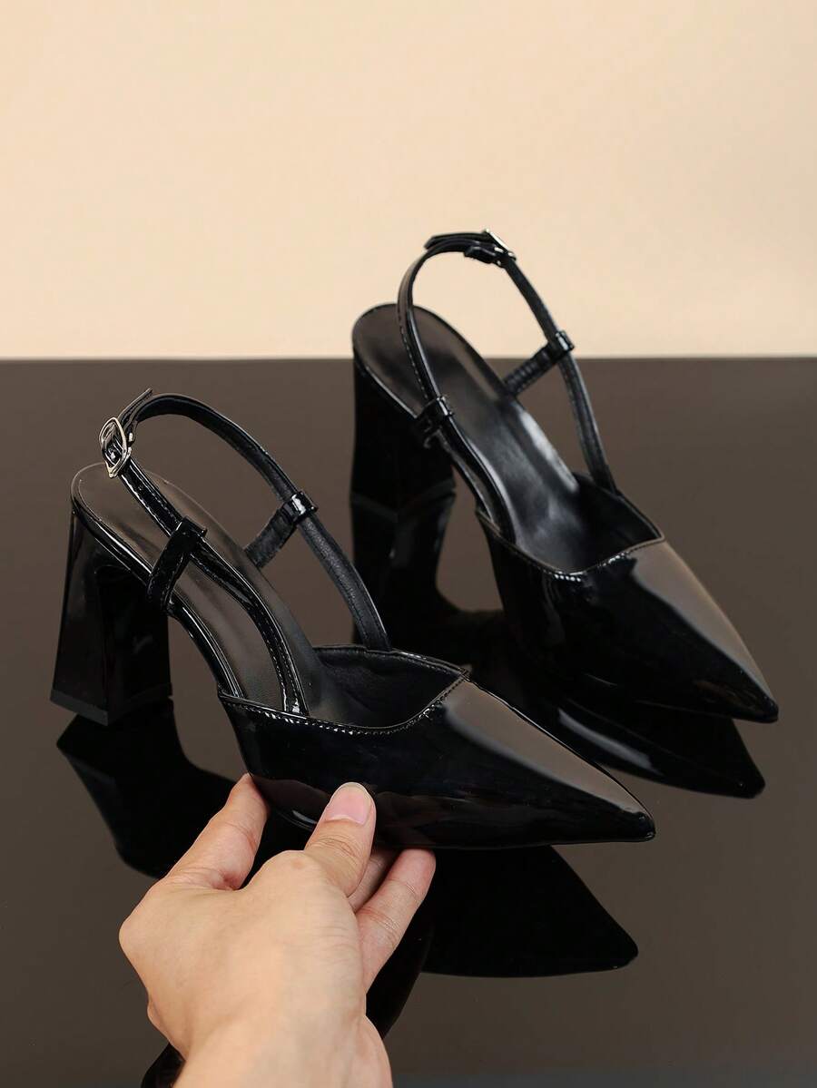 1 Pair Shiny Black Soft PU Teen High Heel Sandals With Silver Metal Buckle, Pointed Toe, Chunky Heel, Princess Style, Suitable For Daily Casual, Home, Party And Outdoor Wear, Summer/Autumn - Black - View 1