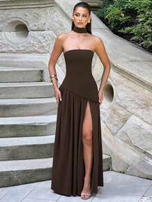 Women's Elegant Fashion Party Dress, Fitted Plain, Open Back, Floating Ribbon, European Style, New - Kopi - View 3