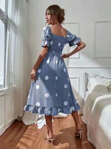 Vestido femenino dulce con lunares grandes y bordes ondulados - Azul - Ver 2