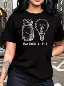 Camiseta de Mujer Talla Grande con Estampado Divertido de Mateo 5:13-16 "Sal y Lámpara", 1 Pieza, Manga Corta, 100% Algodón, Cuello Redondo, Estilo Casual, 220g - Negro - Ver 1