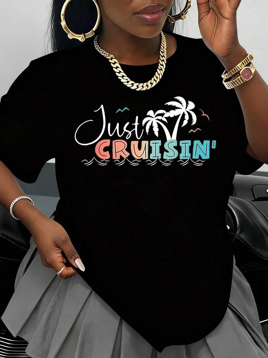 Just Cruisin White T-Shirt With Palm Tree Graphic, Summer Vacation Beachwear, Casual Women's T-Shirt, Fashion T-Shirt - 黑色 - 查看 1