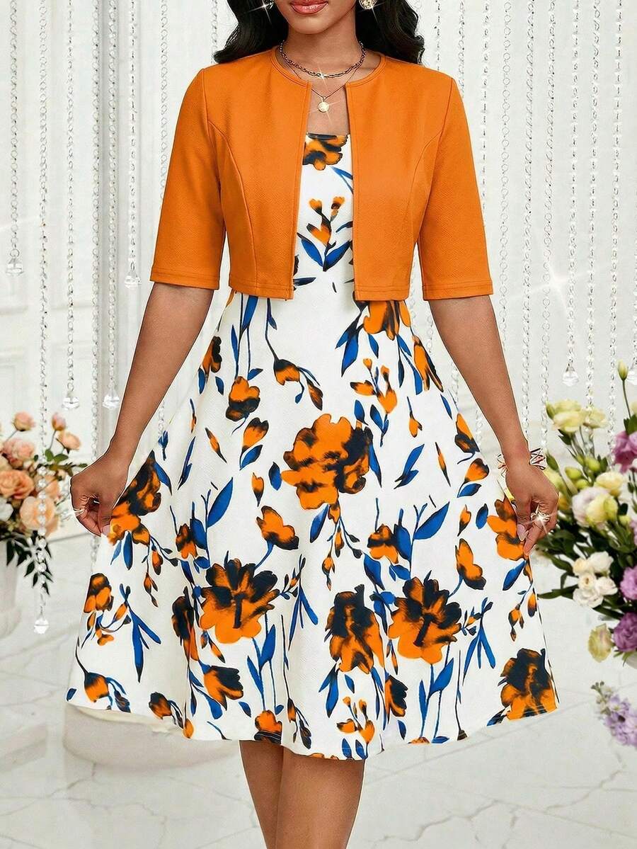 Lady Conjunto de falda larga y chaqueta corta de dos piezas, de colores brillantes y románticos, con un temperamento elegante y maduro, ideal para primavera y verano - Naranja - Ver 1