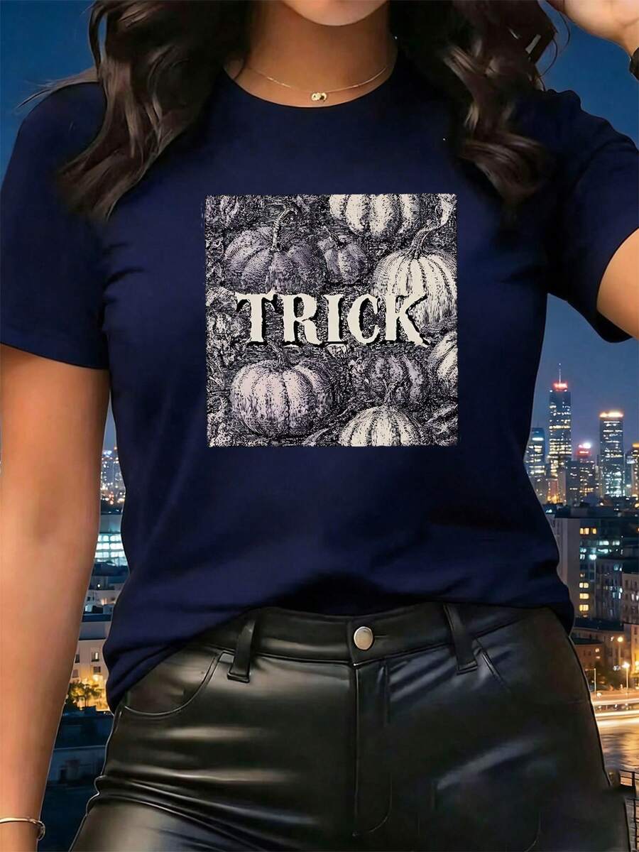 Women's T-Shirt, Trick Pumpkins Or, Comfortable Wear - Navy Blue - View 1