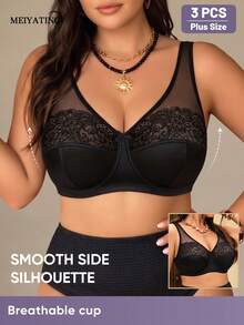 MEIYATING 3pcs Women's Plus Size Mesh Patchwork Lightweight Floral Lace Push-Up Support U-Shaped Back Bow Tank Style Bra Black - Black - View 7