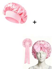1/2pcs [Pink Satin Sleep Cap] Soft Luxurious Pink Satin Sleep Cap - With Adjustable Drawstring And Bow Decoration, Comfortable Ruffled Design Fits Head, Protects Hair | Satin Cap | Smooth Satin Texture, Suitable For Men And Women - Multicolor - View 10