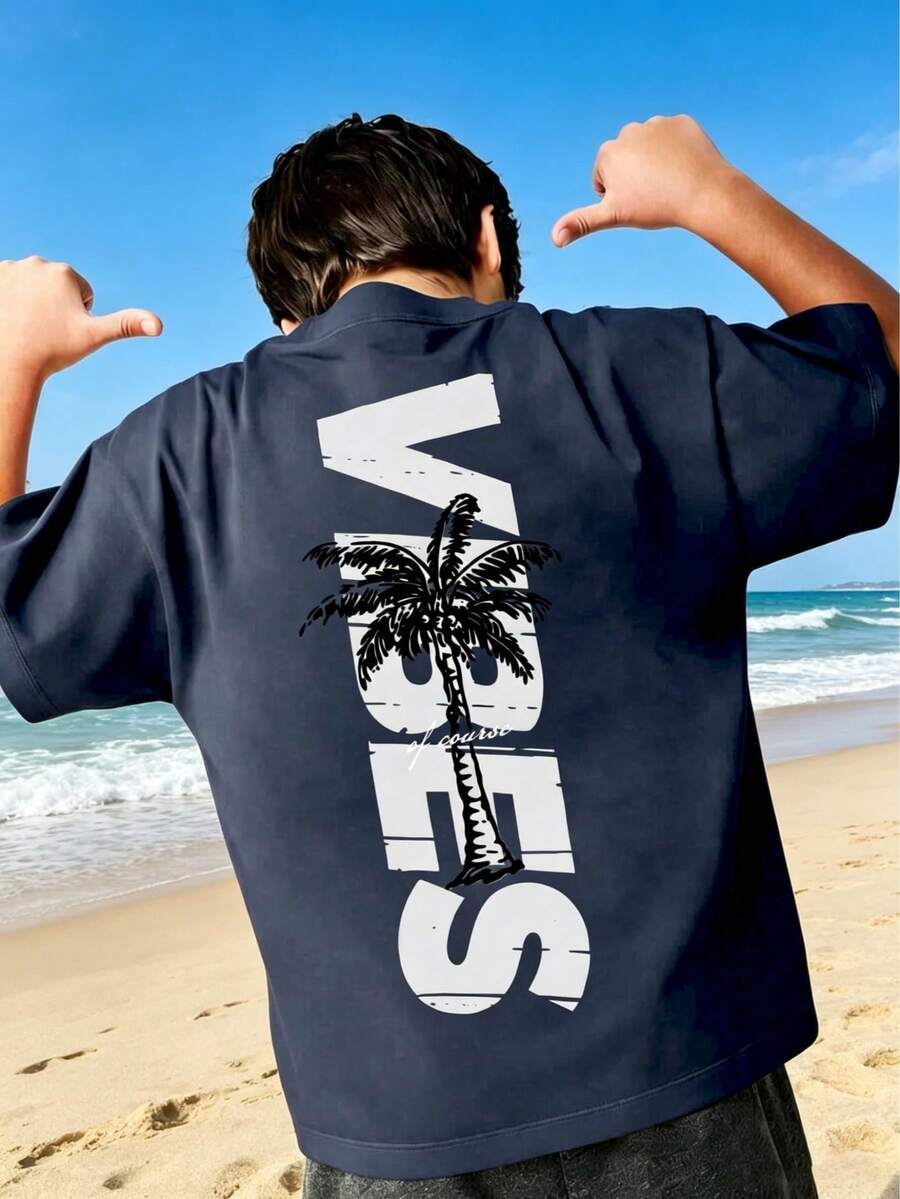 This Casual Outfit Designed For Boys Features A Fashionable Dark Grey T-Shirt With A Palm Tree And Letter Graphic Print, Perfect For Teenage Boys. - Dark Grey - View 1