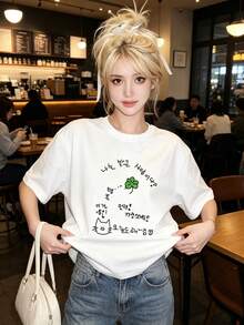 Women's Casual T-Shirt With Korean Clover Print And Drawings, Round Neck And Short Sleeve, Youthful Style - 黑色 - 查看 5