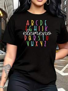 Camiseta de manga corta con apliques termoadhesivos coloridos de la A a la Z, talla grande para mujer, 1 pieza, divertida, con gráfico de gran tamaño, novedosa, 100% algodón, informal, con c - Negro - Ver 1