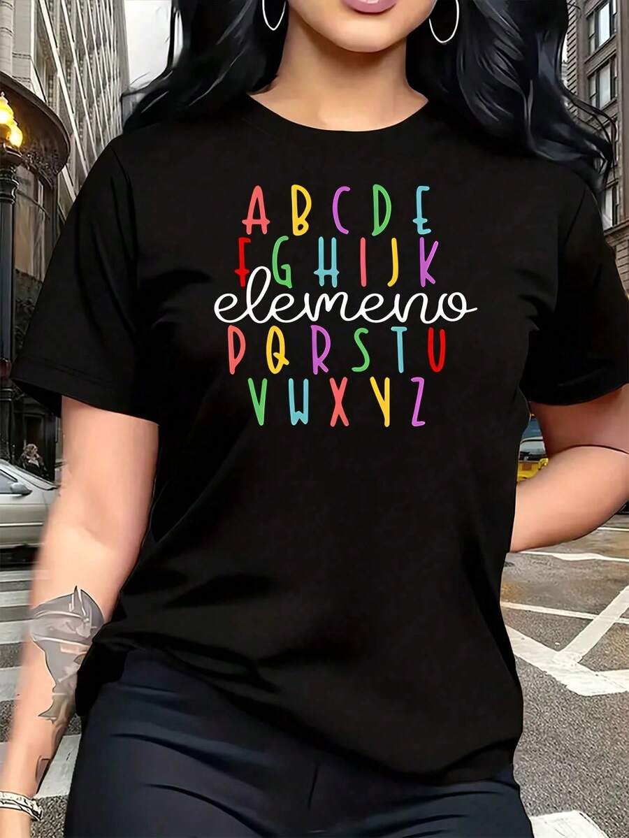 Camiseta de manga corta con apliques termoadhesivos coloridos de la A a la Z, talla grande para mujer, 1 pieza, divertida, con gráfico de gran tamaño, novedosa, 100% algodón, informal, con c - Negro - Ver 1