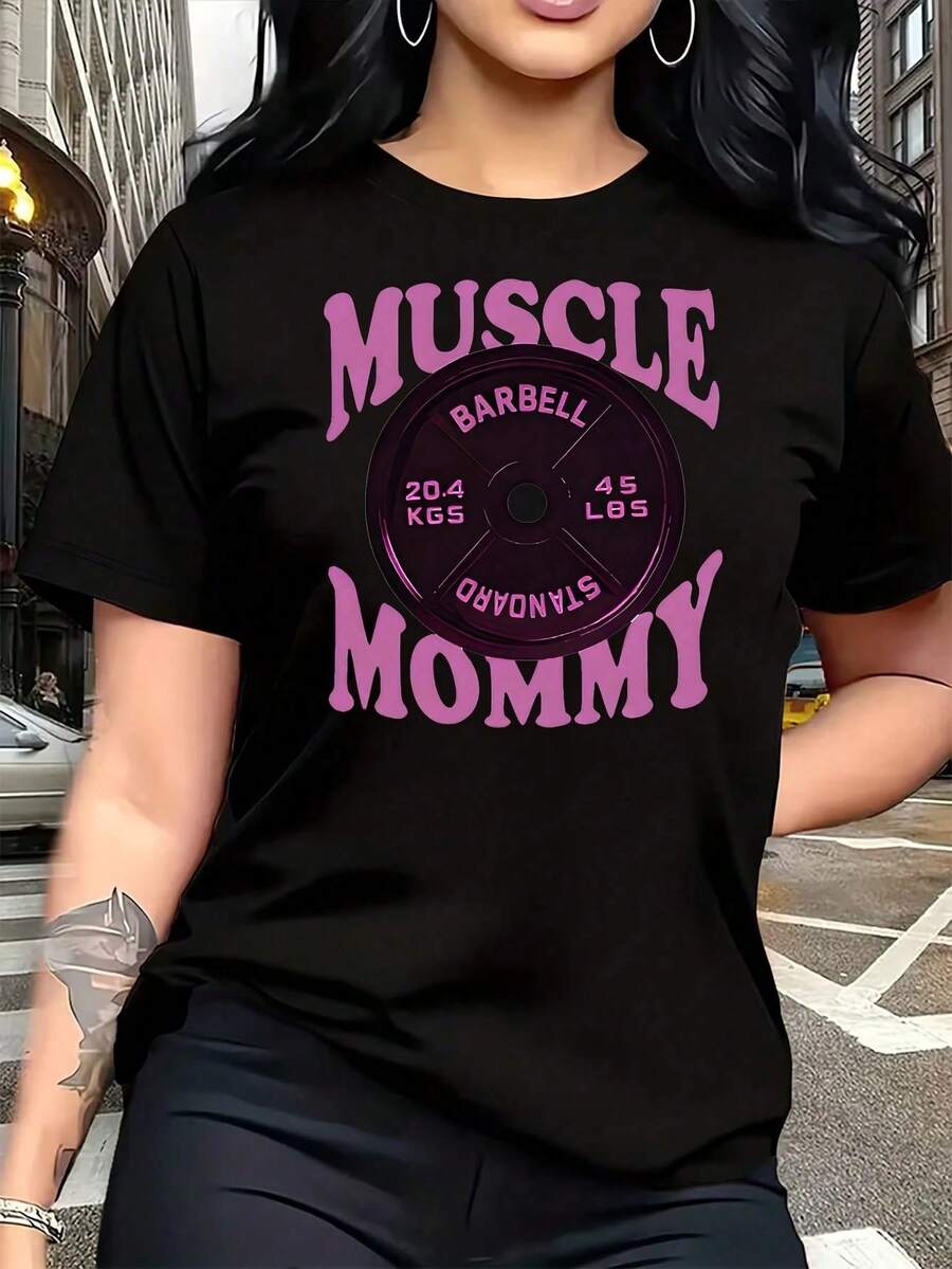 Camiseta de Mujer Talla Grande con Estampado 'Muscle Mom', Divertida, de Manga Corta, con Diseño Gráfico, 100% Algodón, Cuello Redondo, Estilo Casual, 220g - Negro - Ver 1