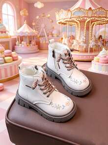 2026 New Autumn/Winter Girls' Boots, Unisex British Style Thin Floral Embroidered Fashion Boots - Beige - View 4