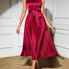 Clasi Vestido midi elegante de mujer de cuello redondo, sin mangas, plisado en el bajo, de unicolor - Verde - Ver 5