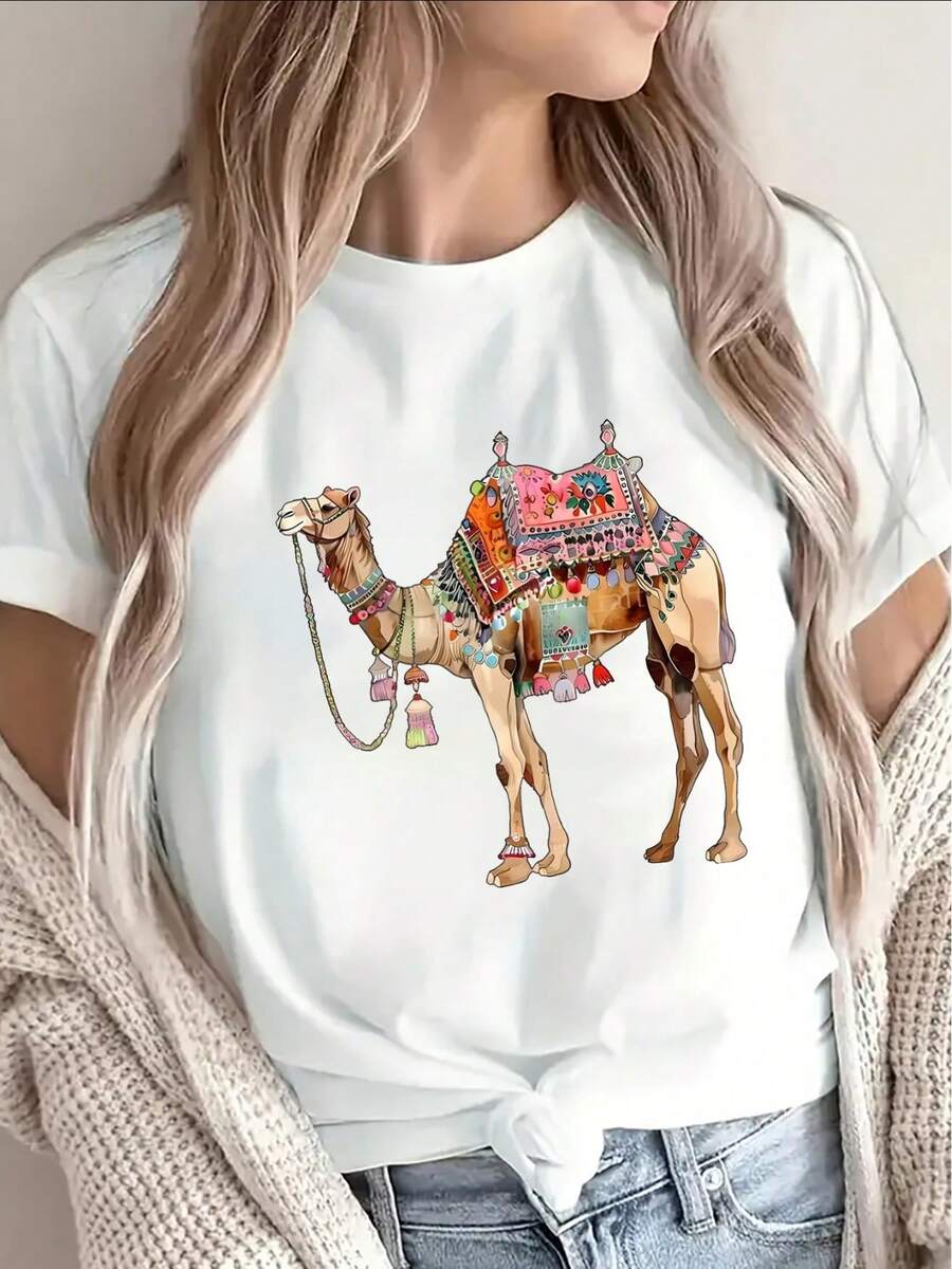 Camiseta de manga corta de poliéster con estampado de camel colorido, ligera y duradera, perfecta para uso casual en casa o al aire libre, ajuste cómodo para uso diario. - Blanco - Ver 1
