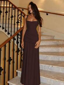 Elegant Sleeveless Long Party Dress For Women, Solid Color, European Style, New Fashion Wrap Dress - 咖啡 - 查看 1