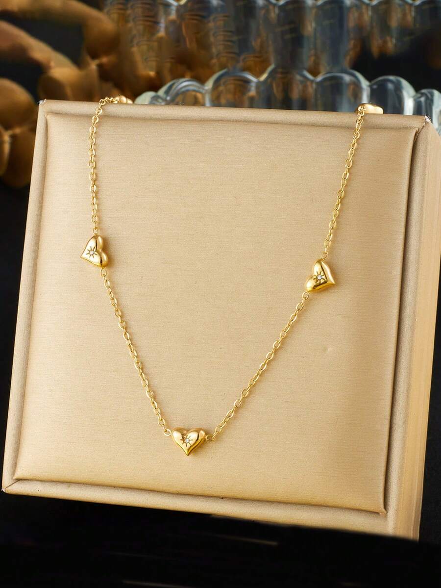 RAYQUEEN 1pc New Stainless Steel Heart-Shaped Rhinestone Pendant Necklace, Versatile Jewelry For Women, Suitable For Daily Wear And Holiday Gifts - Yellow Gold - View 1