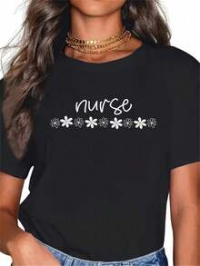 National Nurses Day (30) 1 Piece Women's Plus Size T-Shirt, Oversized Graphic Short Sleeve T-Shirt 220g, Novelty, 100% Polyester, Casual Crew Neck T-Shirt - 黑色 - 查看 1